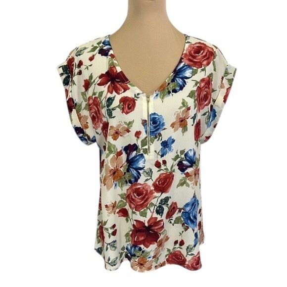 Tovia Floral V-Neck Women's Top Size XL Y2K Short Sleeves - Picture 1 of 10